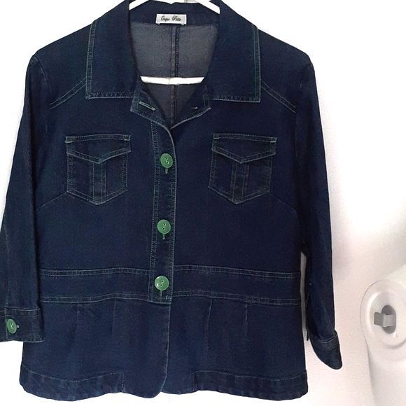 Onque Casuals Tops - Onque shacket blue denim shirt jacket s m green trim blazer top lagenlook casual